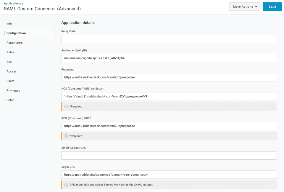 SAML app configuration